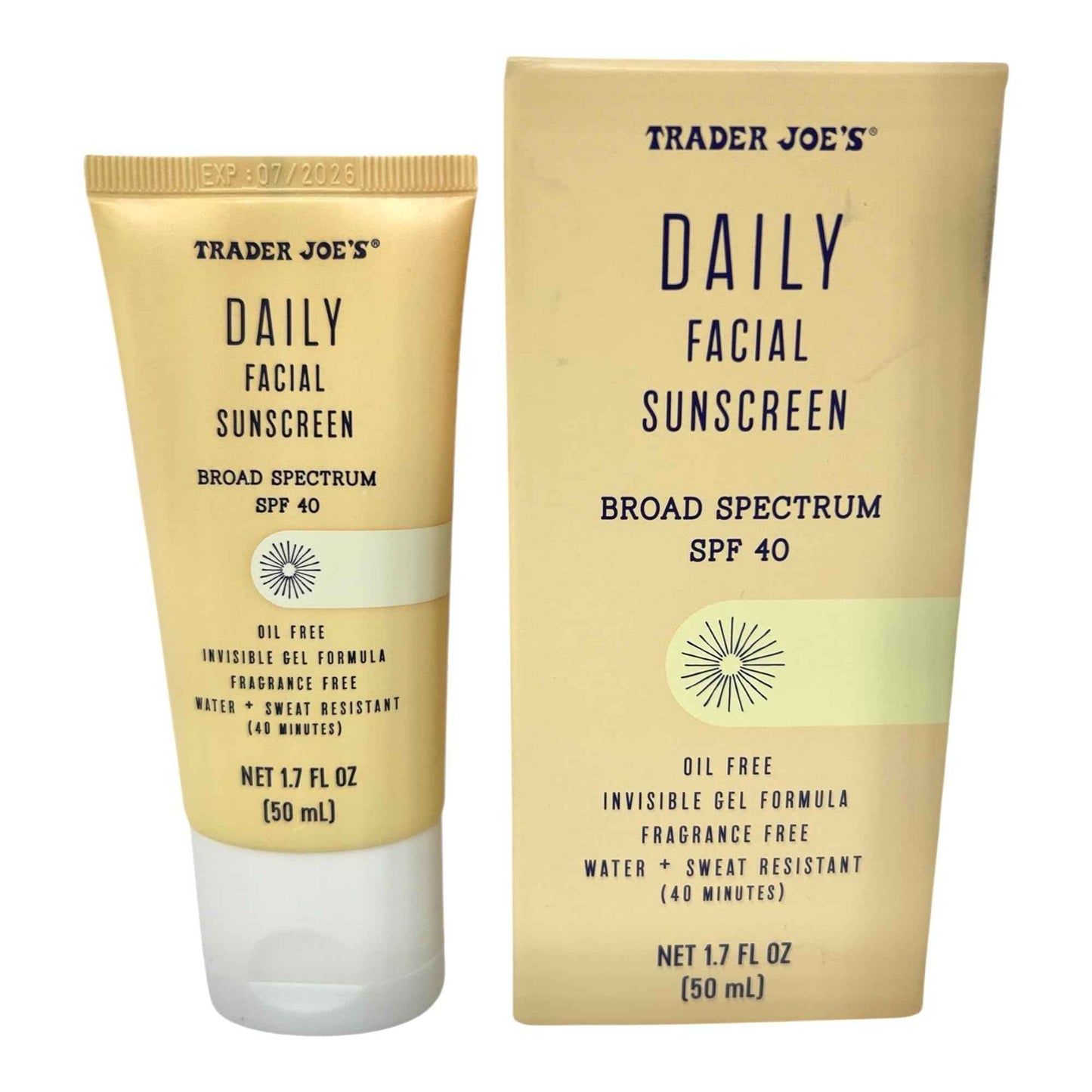 Trader Joe's Daily Facial Sunscreen, Broad Spectrum SPF 40, Oil Free Gel Formula, Fragrance Free, Water Resistant, 1.7 fl oz