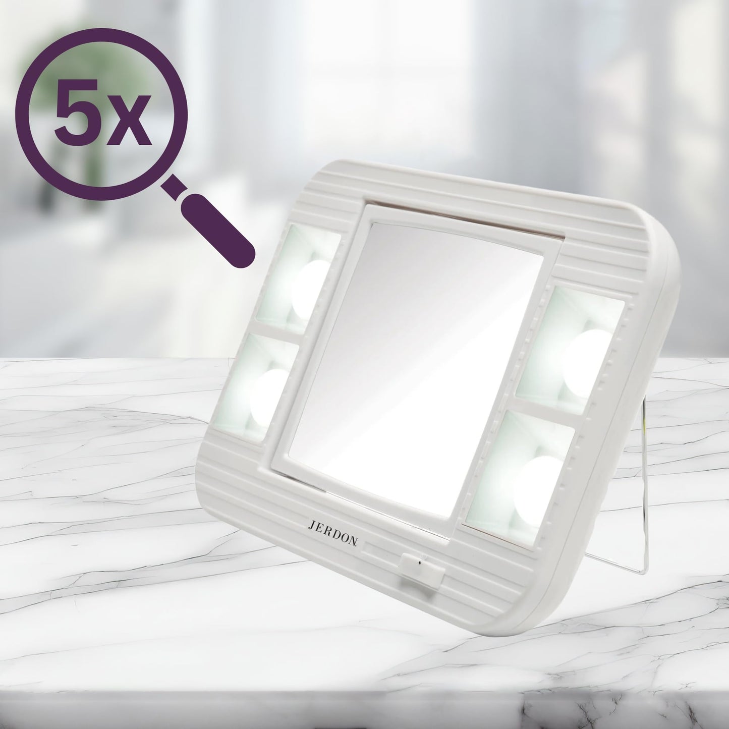 JERDON Two-Sided Makeup Mirror with Lights - Vanity Mirror with 5X Magnification & Two Setting Glare-Free Lighting - White Base - Model J1015