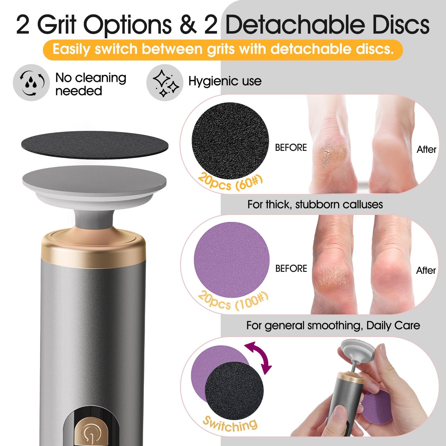 Electric Foot Callus Remover with Adjustable Speed Dial, Rechargeable Pedicure Tools for Feet with Powerful Motor for Dead Skin & Cracked Heel,Electric Foot File with 2 Detachable Discs