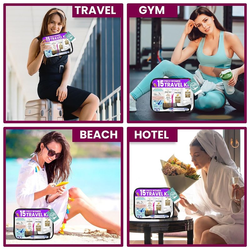 TrekTote Travel Essentials Kit for Women - 15-Piece TSA Compliant Toiletry Set | Includes Shampoo, Conditioner & More
