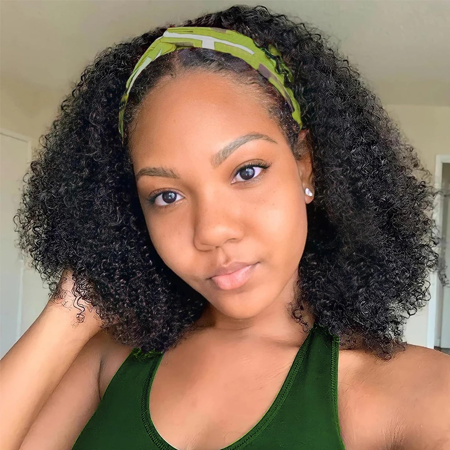 Coshgirl Headband Wig Human Hair Kinky Curly for Black Women Curly Headband Wig Human Hair 150% Density Machine Made Glueless None Lace Front Wigs Brazilian Virgin Wig KC Natural Color 12 Inch