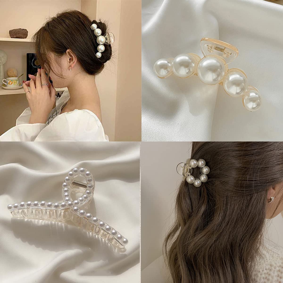 Mehayi 4 PCS Large Pearl Hair Claw Clips for Women Girls, Hair Barrette Clamps for Thick Thin Hair, Fashion Hair Accessories Headwear Styling Tools for Party Wedding