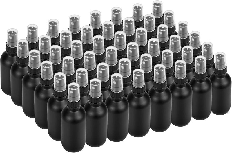 Billionstars 48 Pack 2oz Glass Boston Round Bottles - Fine Mist Sprayer for Essential Oils & Beauty | Leakproof Black Frosted