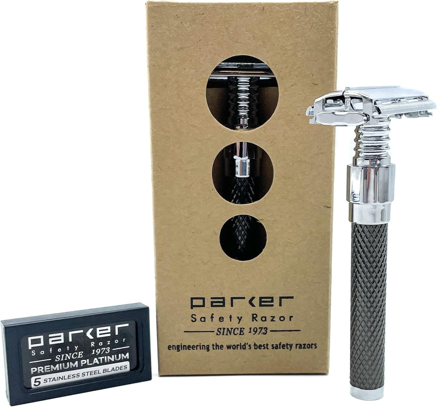 Parker 92R Graphite Gray Butterfly Double Edge Safety Razor, Long Handle