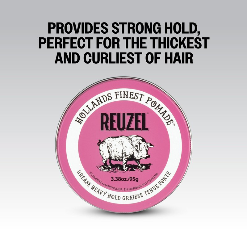 REUZEL Pink Grease Pomade, Strong All Day Hold, Oil-Based Styling Wax, Medium Shine, Easy To Wash Out, For All Hair Types