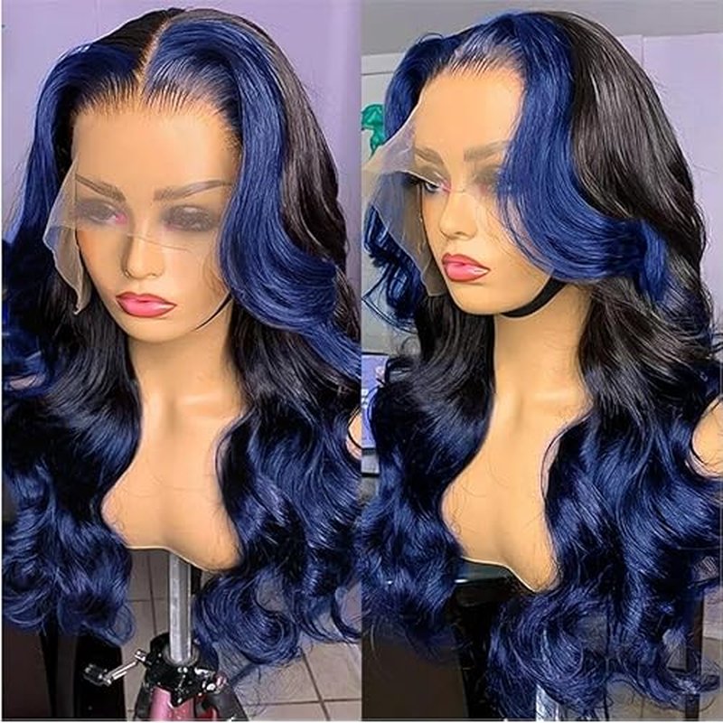YMS Blue Lace Front Wig Human Hair 180% Density Dark Blue Real Hair Wigs for Women Bleached Knots Ombre Glueless Wigs Pre Plucked with Baby Hair 18 Inch Body Wave Colored 13x4 Lace Frontal Wig