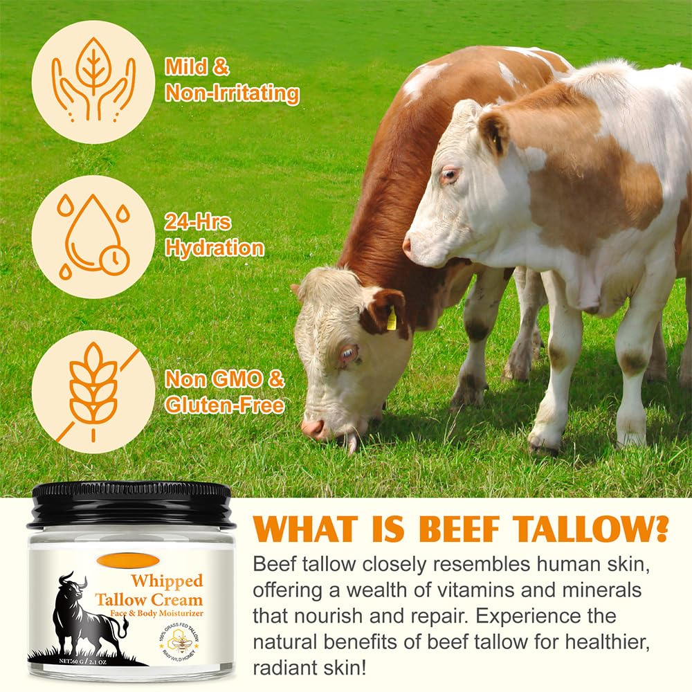 Cebo de Res para la Cara Original, Crema de Cebo de Res, Whipped Tallow Honey Balm, Aceite de Coco Prensado en Frío, Grass Fed Animal Balsam (2 Sebo de Res para la Cara Tallow and Honey Balm)