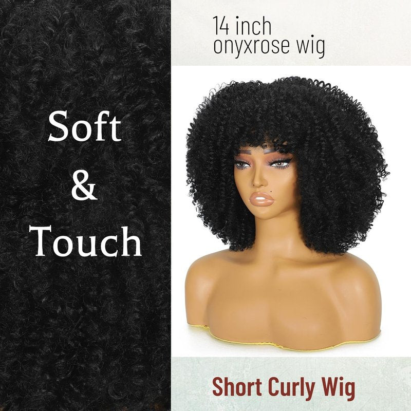 onyxrose Curly Afro Wig with Bangs Kinky Curly Wigs for Black Women Synthetic Wig with Bangs for Black Women for Daily Party（Ombre Purple）