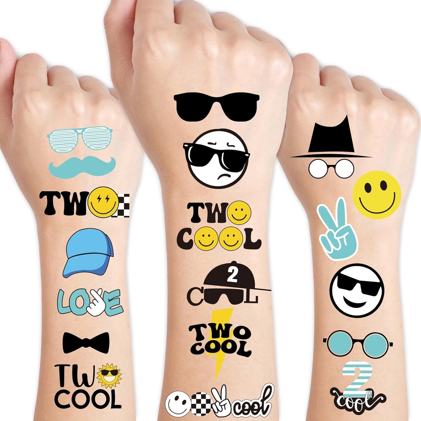 Temporary Tattoo Stickers - 96Pcs Black, Yellow & Blue Designs | Perfect for Birthday Parties & DIY Crafts