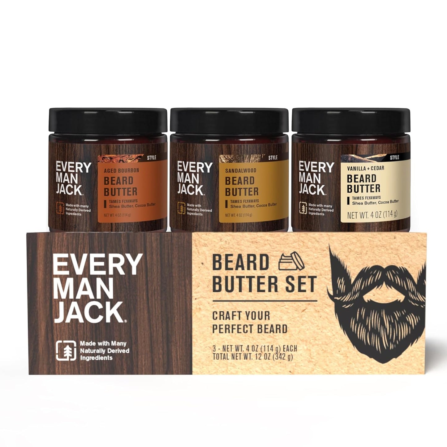 Every Man Jack Beard Butter Gift Set - 3-Pack Variety with Sandalwood, Vanilla & Bourbon Scents | 4 oz Each