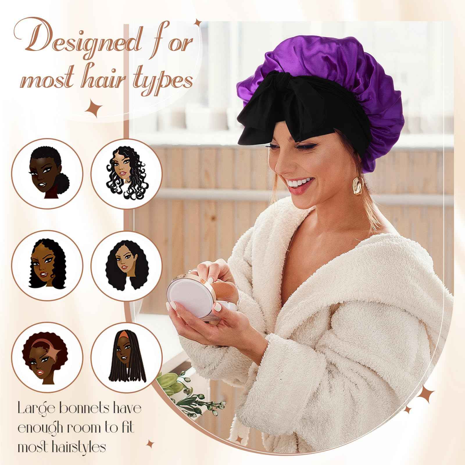 JaGely 4 Pcs Satin Bonnet for Women Tie Hair Bonnet for Sleeping Large 2 Layered Silk Cap With 8 Pcs Hair Scrunchies Double Layer Satin Bonnets (Dark Color)