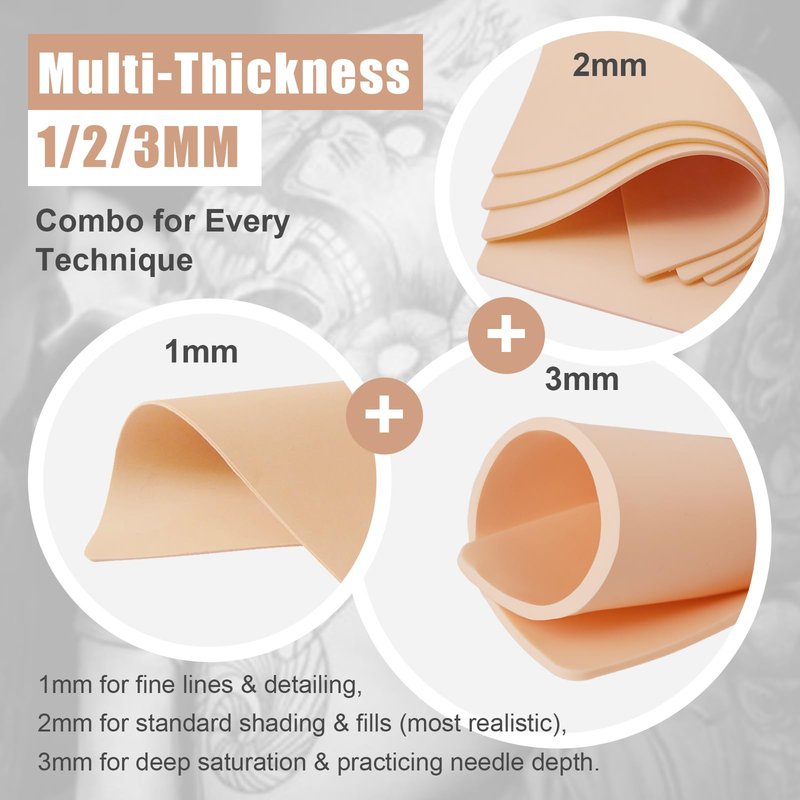 Tattoo Practice Skin Sheets, Jconly 8x6 Inch Fake Skin 15-Pack with 1mm/2mm/3mm Thickness - Realistic Feel Reusable Silicone for Tattoo Training, Beginners & Professional Artists