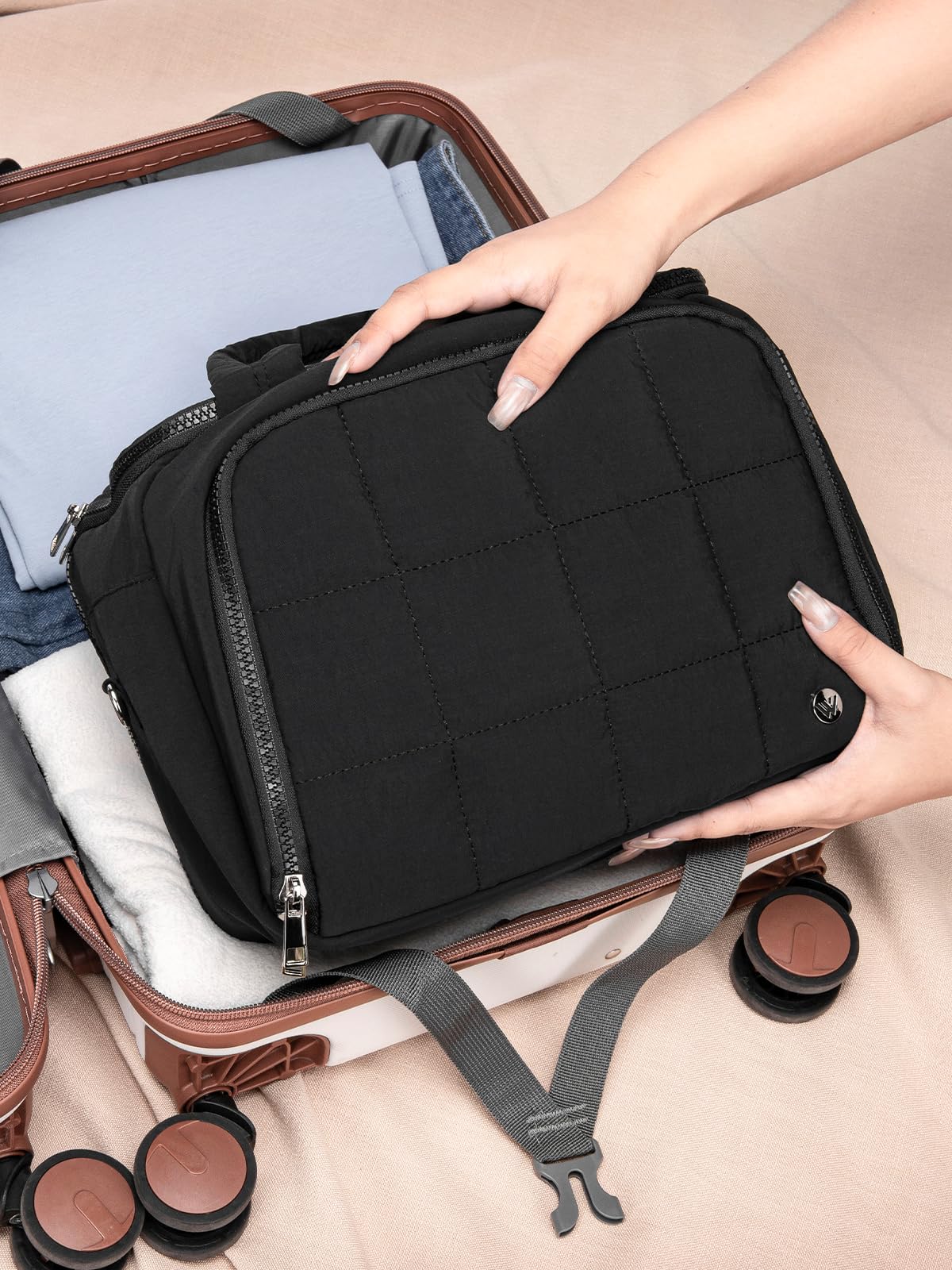 WESTBRONCO Small Toiletry Bag for Women with Jewelry Organizer, Lightweight Large Travel Toiletry Bag, Puffy Quilted Makeup Bag Organizer for Accessories, Essentials, Cosmetics, Toiletries