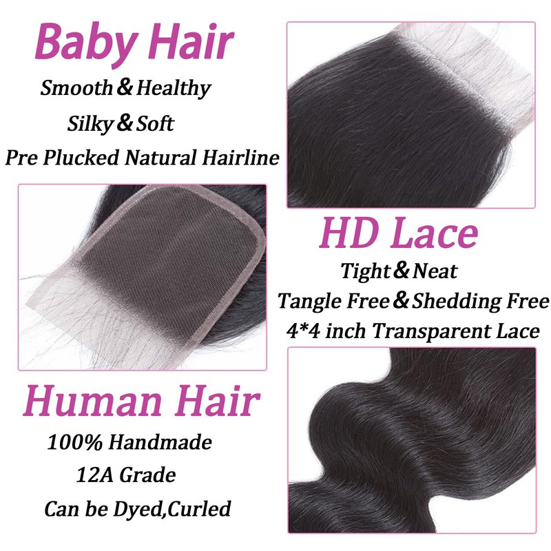 4x4 Transparent HD Lace Closure Only Body Wave Hair Closure Invisible Lace Closure 12A Brazilian Virgin Remy Human Hair Pre Plucked with Baby Hair Natural Black (22 Inch)