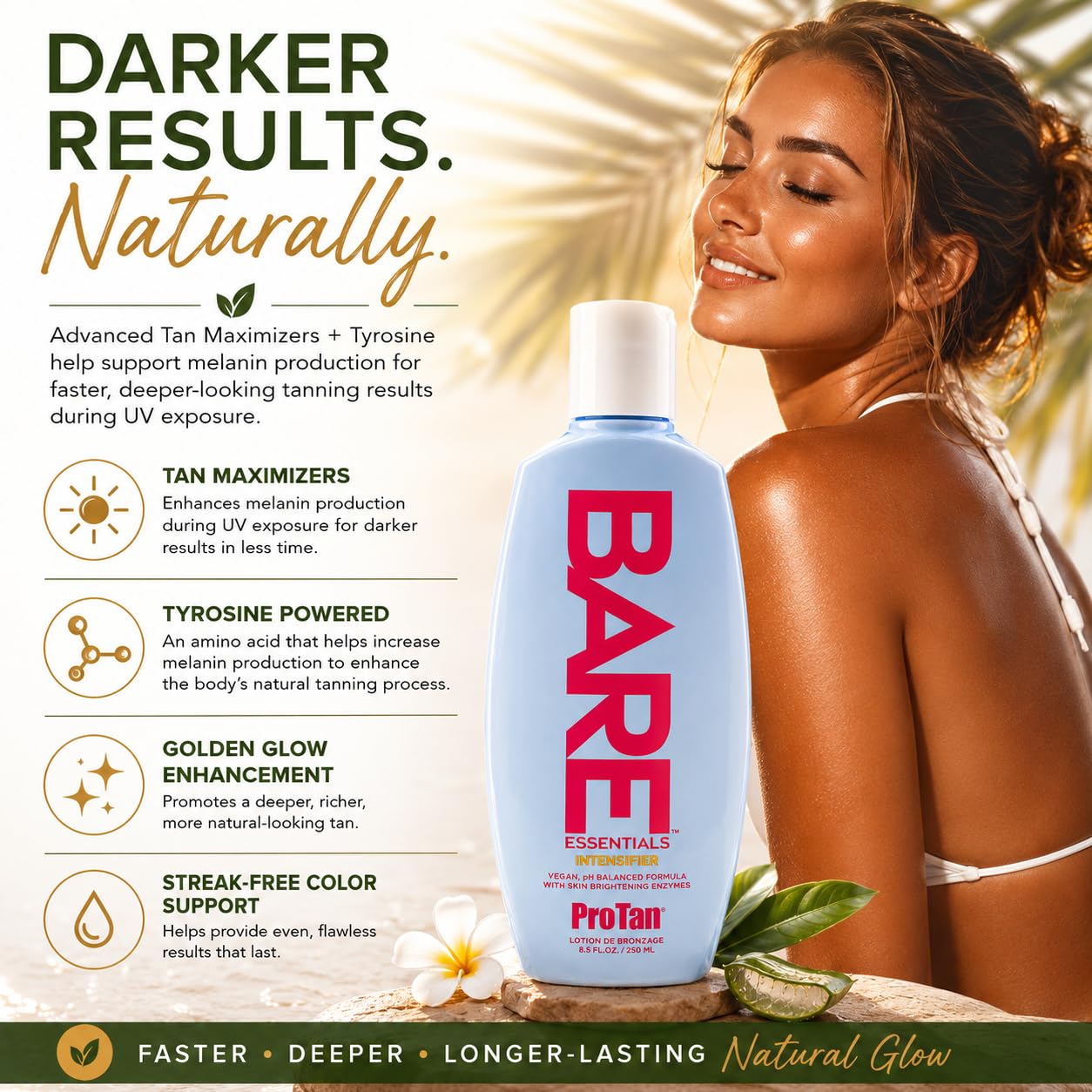 Pro Tan Bare Essentials Intensifier Tanning Lotion 8.5 fl oz – Vegan pH Balanced Formula with Aloe, Coconut Oil, Jojoba & Vitamins – Indoor Outdoor Tan Enhancer with Skin Brightening Enzymes