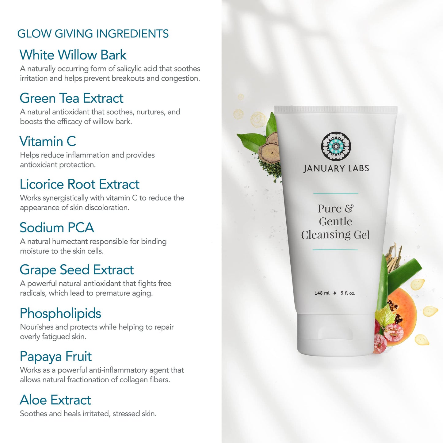 January Labs Pure & Gentle Face Cleanser Gel, Face Wash for All Skin Types, Dry Skin, Sensitive, Acne Prone Skin, Skin Care Essential, 5 Oz