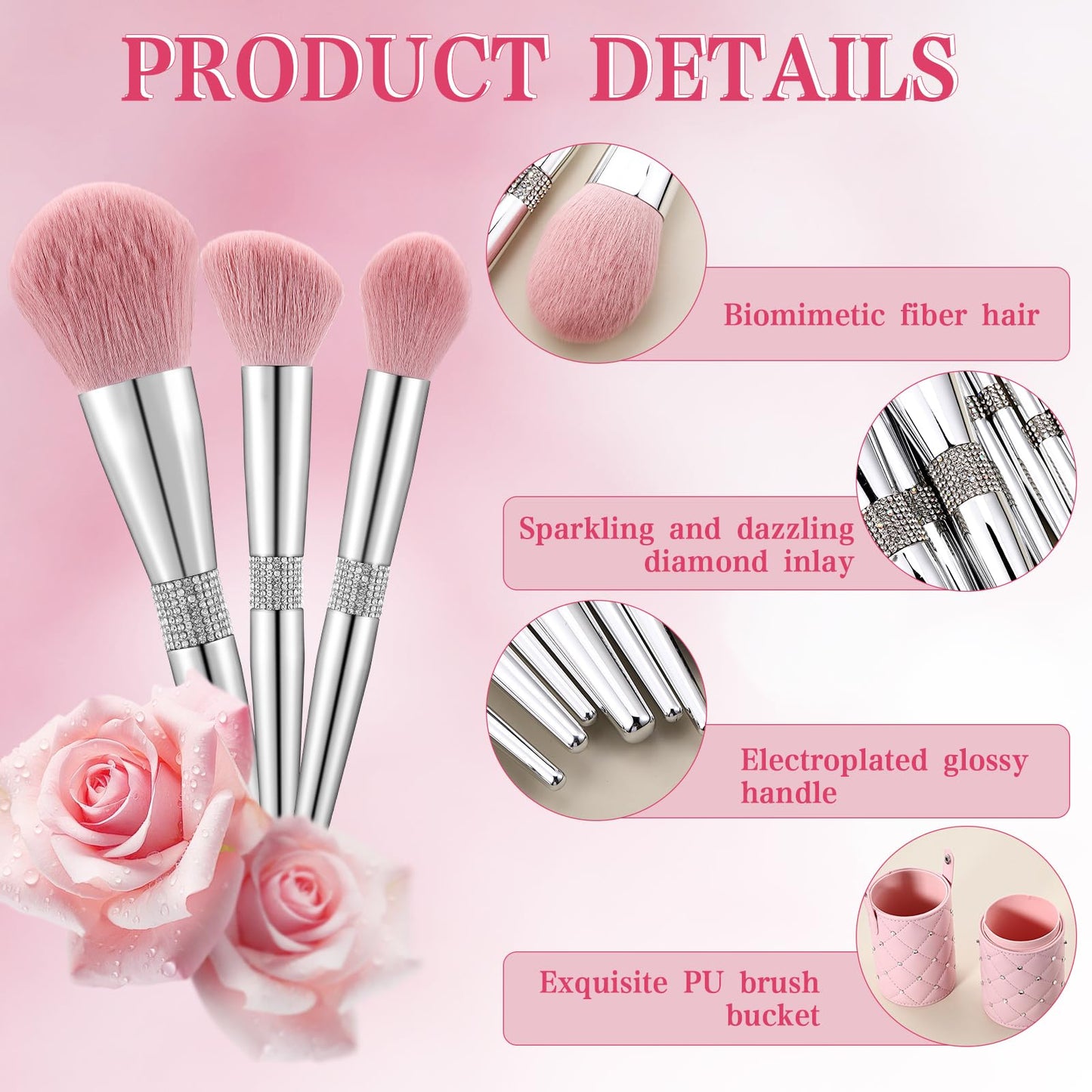 Baderke 11 Pcs Elegant Pink Soft Labeled Christmas Makeup Brushes Sets with Brush Holder Rhinestone Makeup Set with Silver Pink Foundation Powder Blush Blending Contour Brush