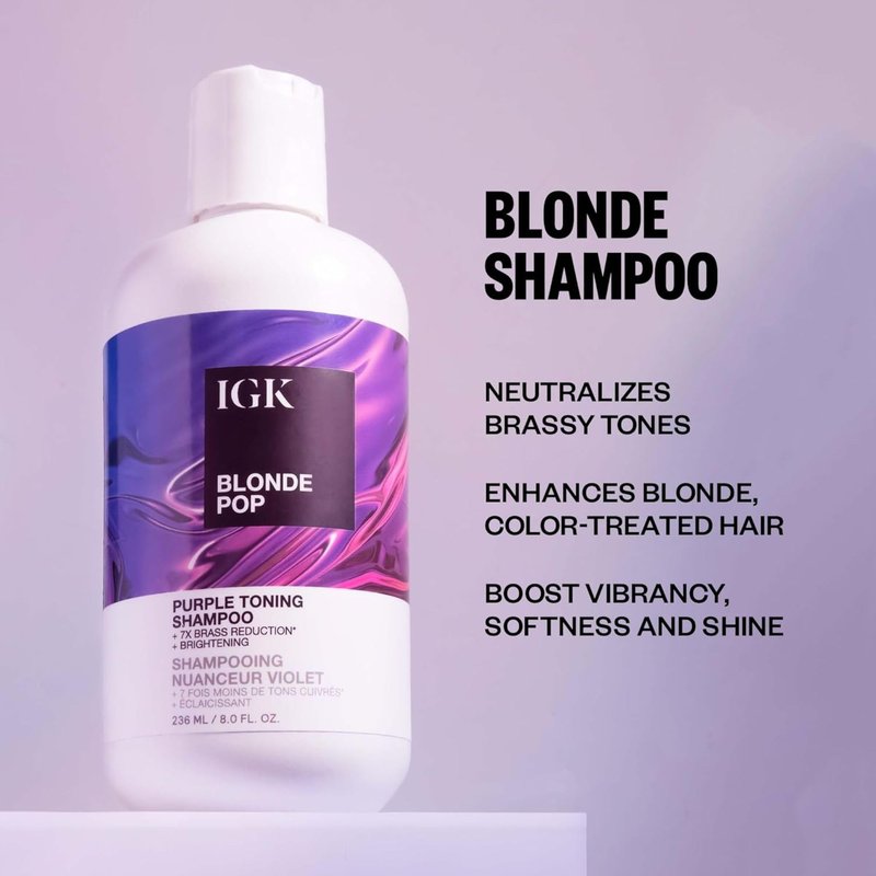 IGK BLONDE POP Purple Shampoo | Neutralizes Brass + Brightens Blonde | Toning Shampoo for Highlighted, Bleached & Color-Treated Hair | Vegan + Cruelty Free | 8 Oz
