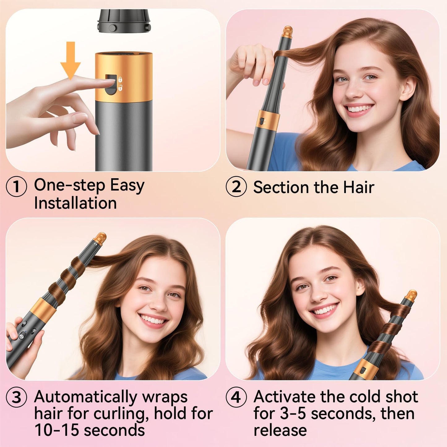 0.78in-1.4in Conical Long Barrels Attachment for Dyson Airwrap HS01 HS05 Accessories, 20MM-36MM 2 in 1 Auto-Wrap Curling Iron Curlers for Professional Barrels Curl and Wave Curl Hair, Gold