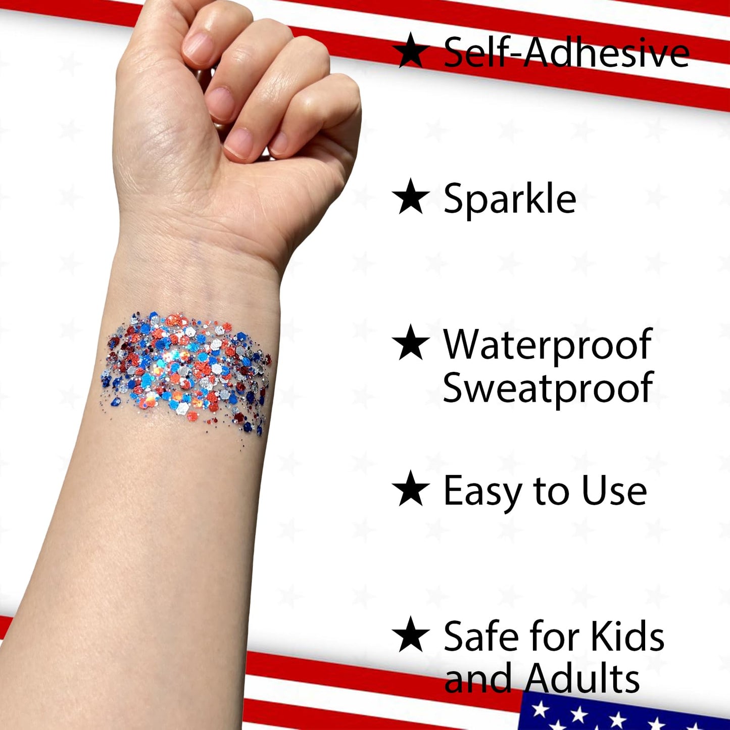Mysense Patriotic Red White and Blue Face Hair Body Glitter Stick,4th of July Outfits and Accessories for Women Kids,USA Flag Makeup for Independence Day 250 Anniversary Memorial Day Veterans Day