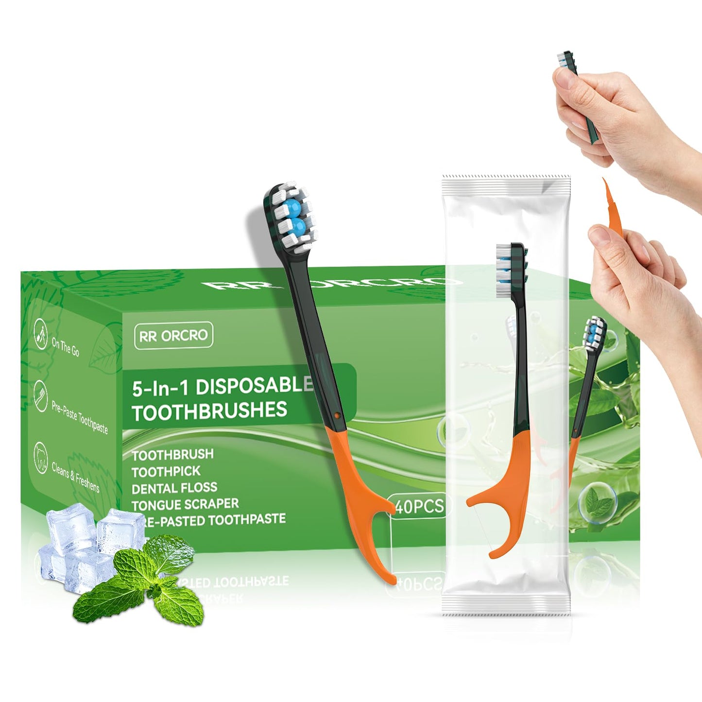 40Pack Disposable Toothbrushes with Toothpaste + Pick + Floss + Tongue Scraper 5-in-1 Mini Prepasted Travel Toothbrush for Hotel Camping Flight Car Single Use Portable Individually Wrapped | Mint