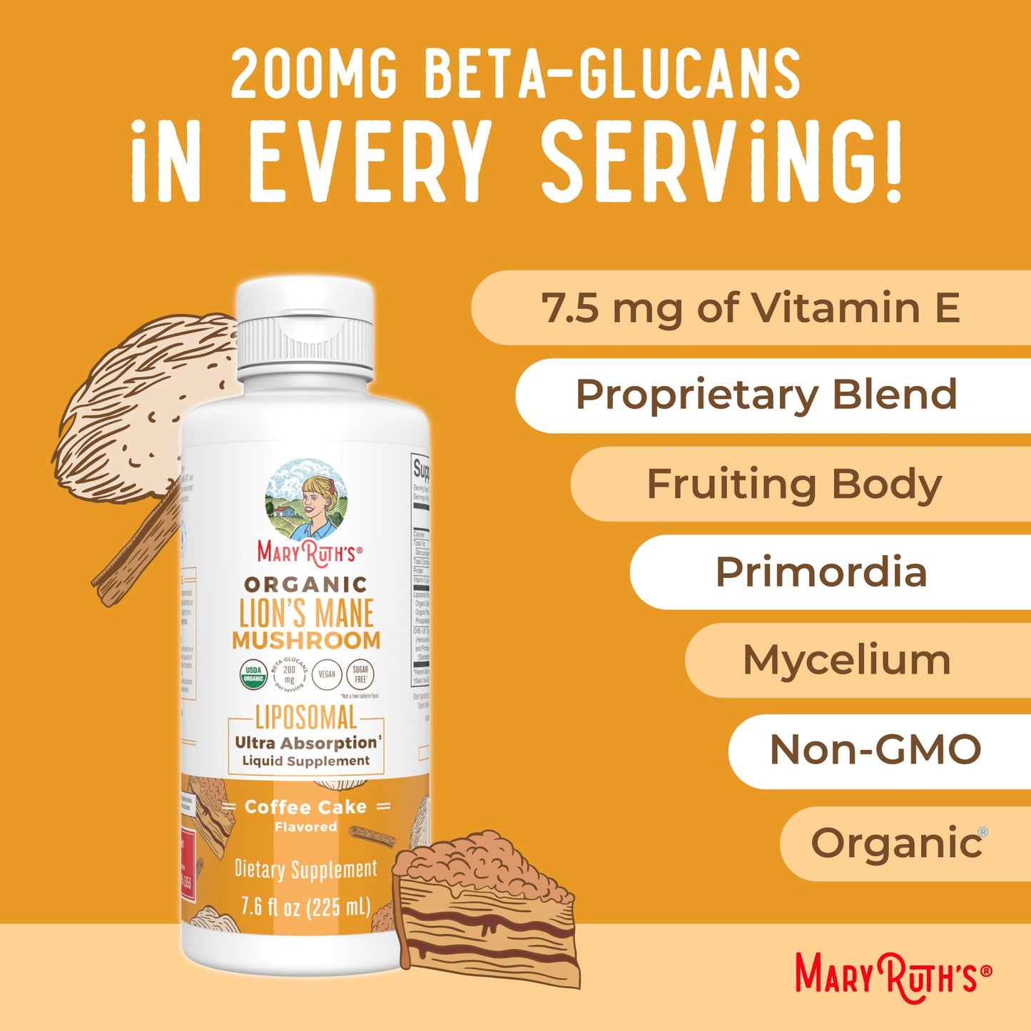 Organic Lions Mane Supplement by MaryRuth's | Ultra Absorption Liposomal | Full Spectrum Lion's Mane Mushroom | 200mg Beta-Glucans Per Serving | USDA Organic | Vegan | 7.6 oz | 15 Servings