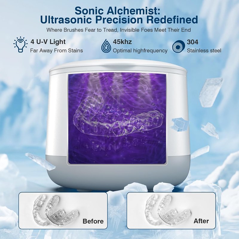 Ultrasonic Retainer Cleaner Machine - 45kHz Triple-Phase Purification for Dentures, Mouth Guards & Jewelry | 4 Cleaning Modes