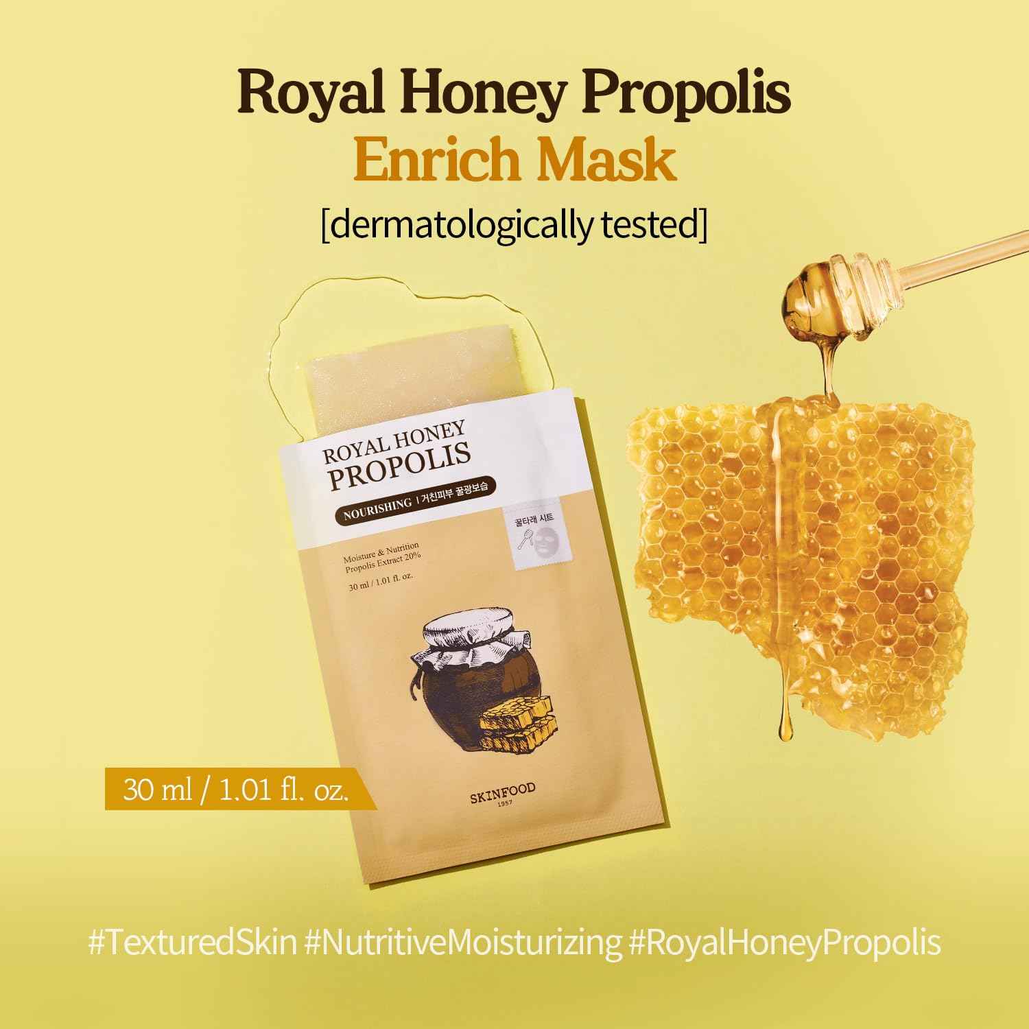 SKINFOOD Royal Honey Mask10ea Set - Bee Propolis Extract, Royal Honey Extract, Intensely nourishes and hydrates tired and dull skin 9.1fl.oz, 270ml