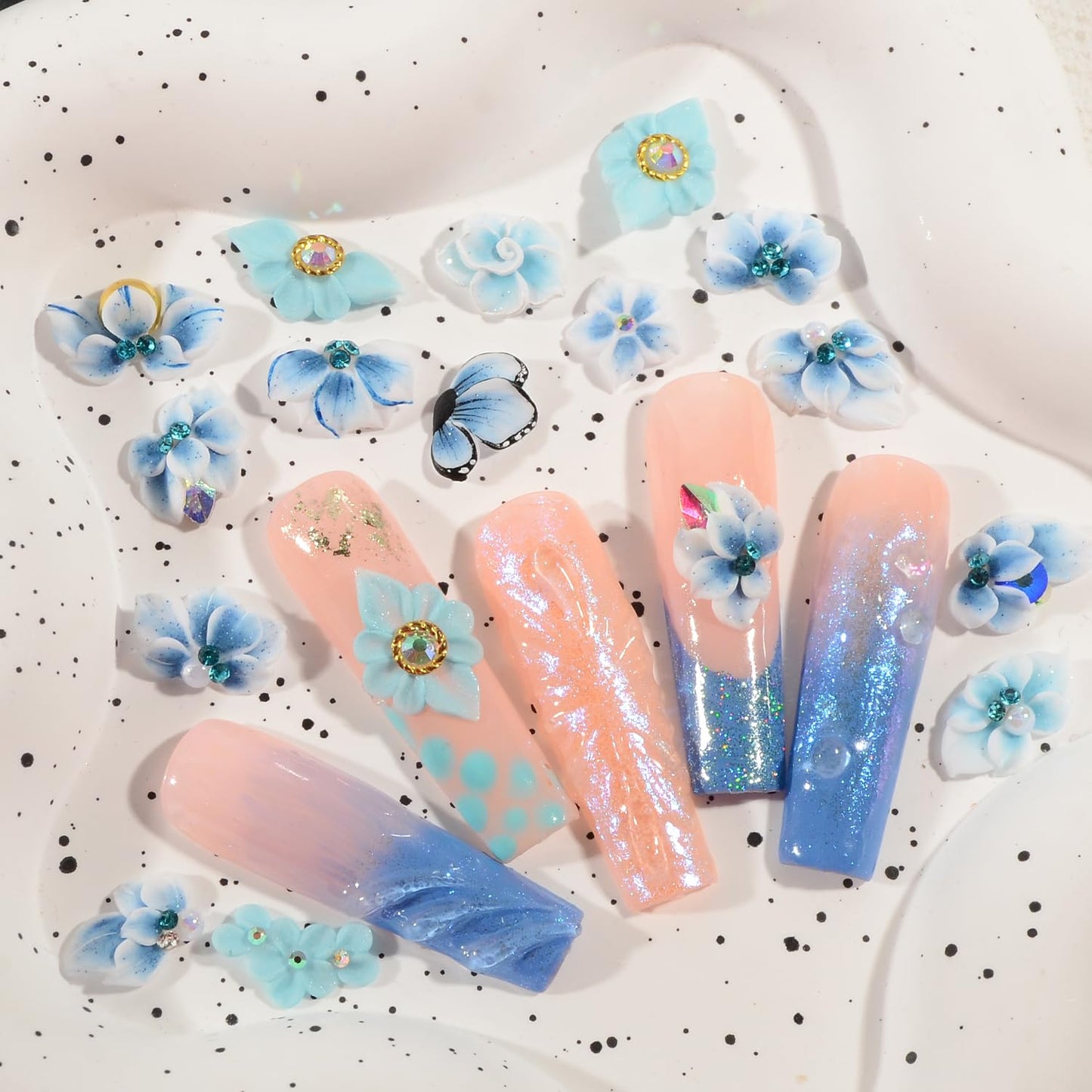 30PCS 3D Handmade Flower Nail Art Charms Advanced Handcrafted Cherry Blossom Flower Colorful Sculpted Floral Nails with Rhinestone Caviar Beads Design for Women Profession Nail Art Craft Jewelry