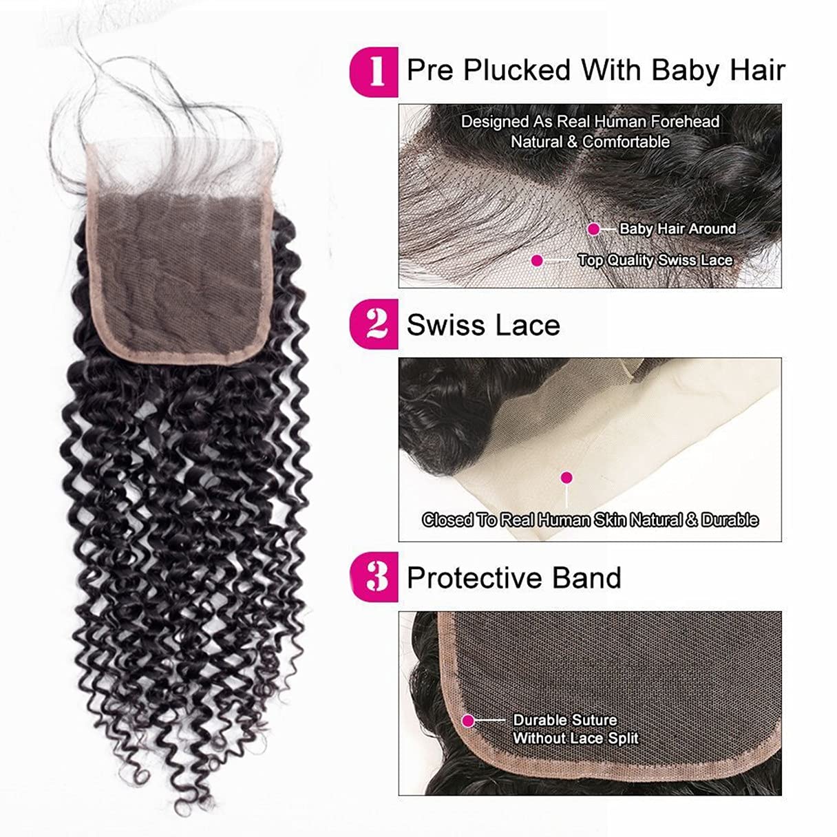Brazilian Kinky Curly 4x4 Lace Closure 100% Unprocessed Human Virgin Hair Pre Plucked Jerry Curly Pre-Plucked Hairline Frontal Closure Natural Black With Baby Hair (14inch, curly closure)