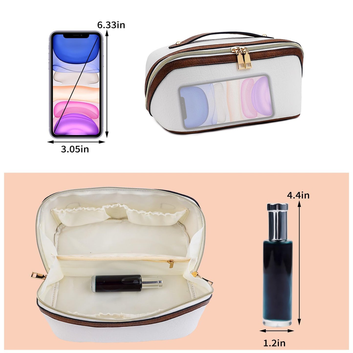 Sprfragrance Stylish Makeup Bag Organizer Travel Case for Women Cosmetic Bag for Toiletries and Makeup Waterproof Leather Cosmetic Bag Perfect Fit Home or on the Go (B-White/Brown)
