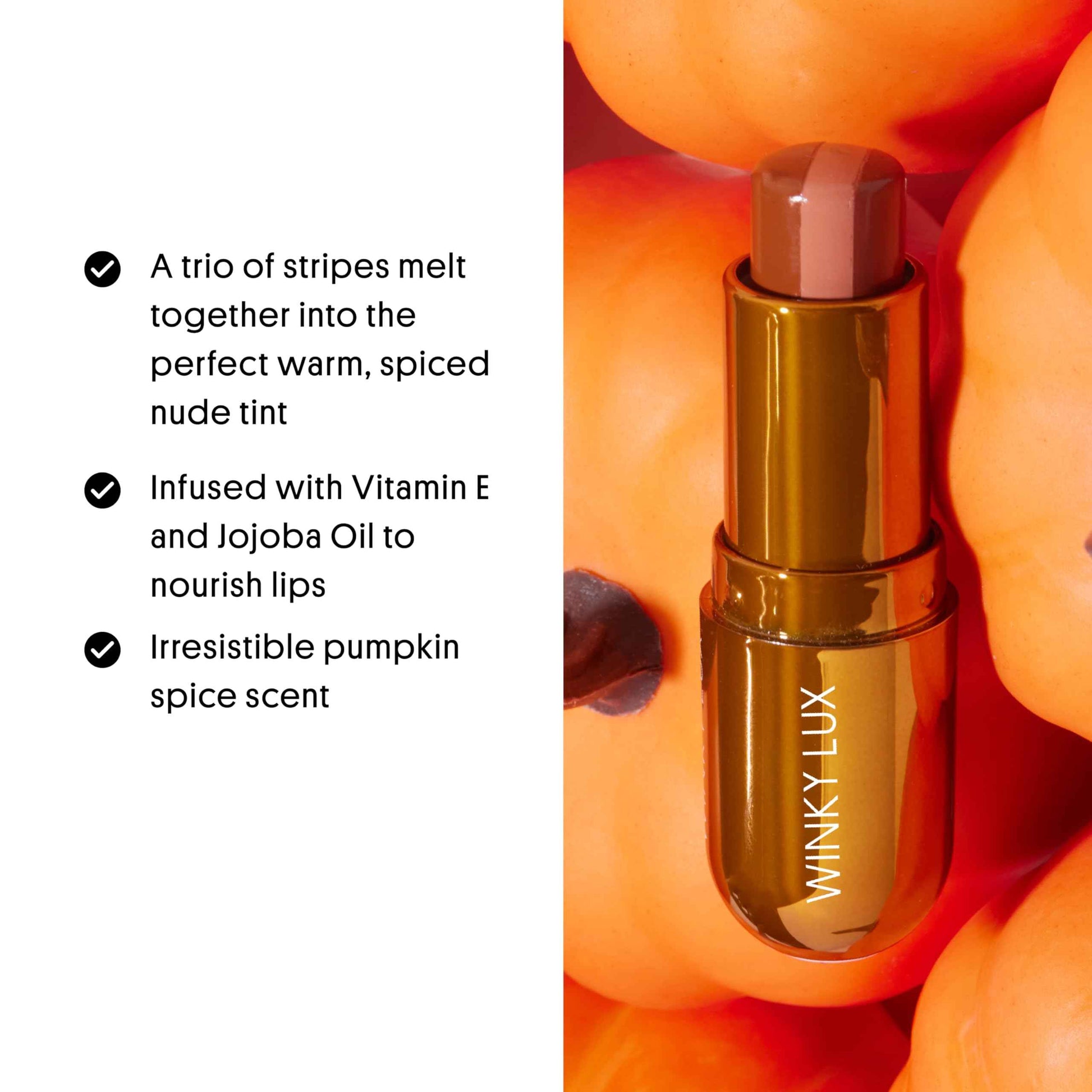Winky Lux Pumpkin Spice Latte Tri-Color Tinted Lip Balm – Hydrating Balm, Sheer Pink Tint, Lip Care with Jojoba Oil & Vitamin E, Moisturizes & Softens Dry Lips, Buttery Soft with Pumpkin Spice Scent