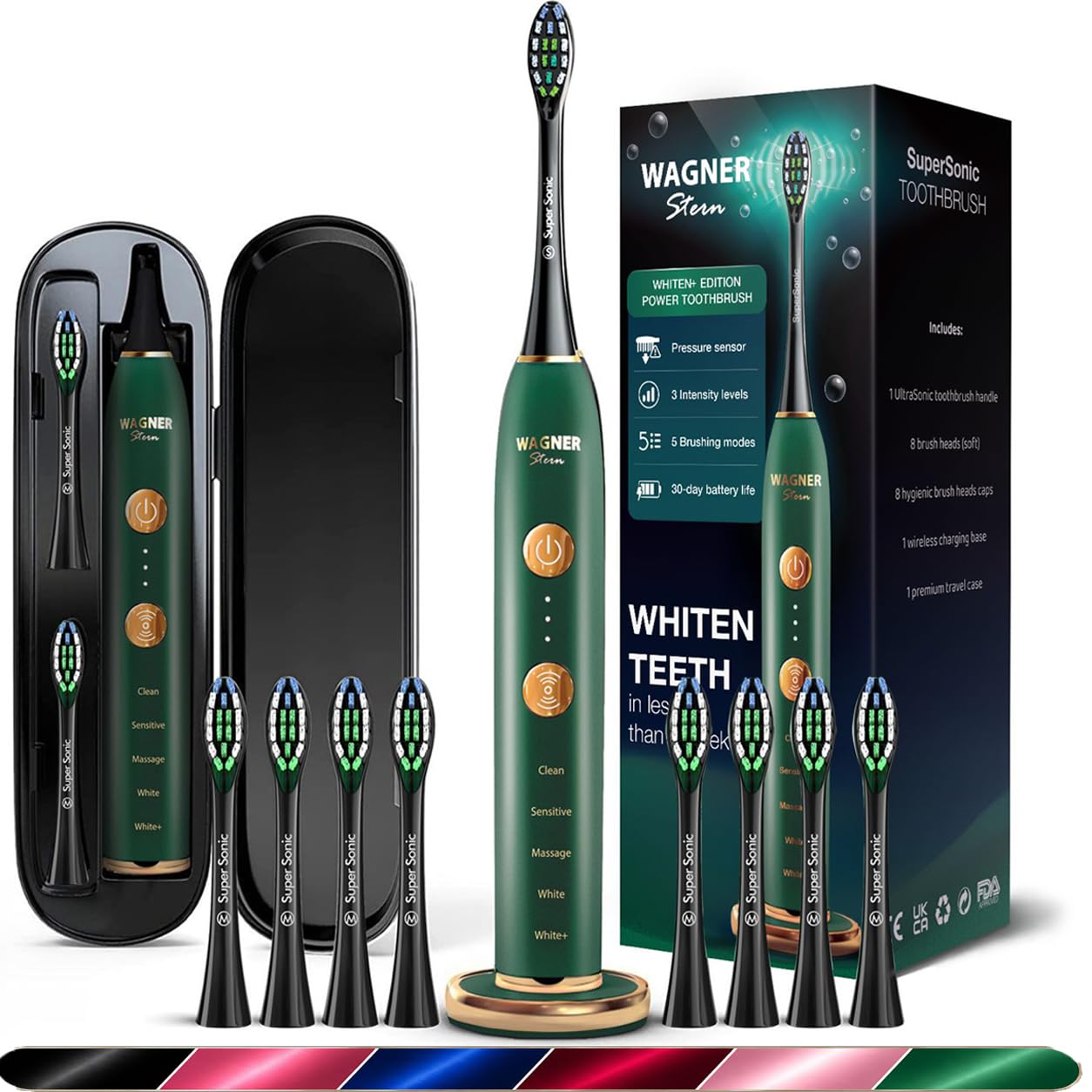 Wagner Stern WHITEN+ Electric Toothbrush, 48,000 VPM, Pressure Sensor, 5 Modes, 8 Brush Heads, Travel Case