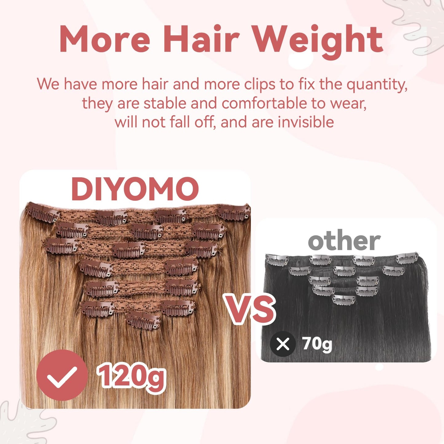 DIYOMO human hair clip in extensions Soft&Natural 120g 7pcs hair extensions real human hair clip insHair Straight&Invisible (14Inch, 18/613)