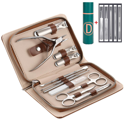 Duo La Me Stainless Steel Nail Clippers Toenail ingrown Clipper Set 16 in 1 Pedicure Personal Care Tool Thick toenail Nail File Acne Needle Blackhead Remover Acne Eyebrow Clipping Foot Skin