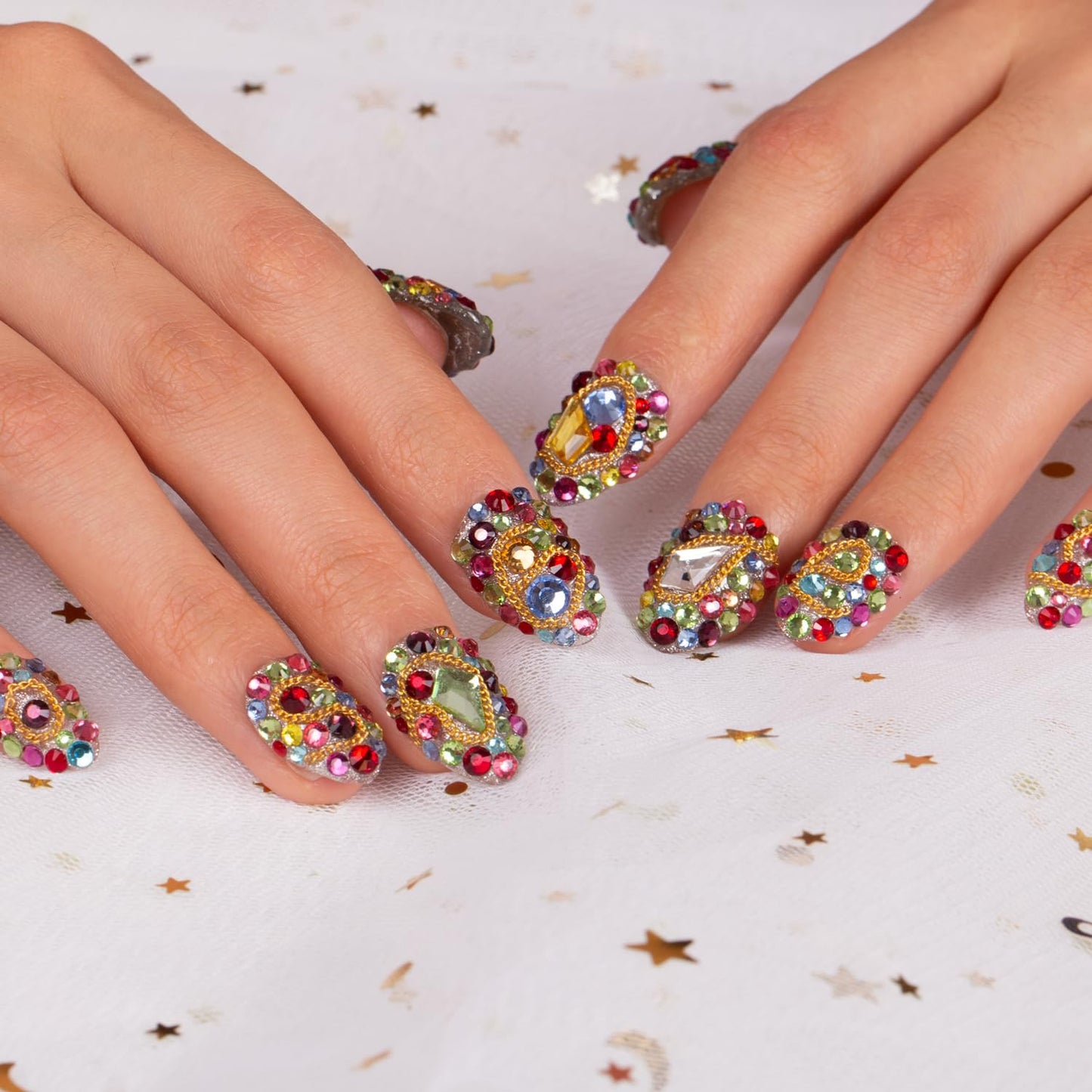 LOVFUL Press on Nails Precious | Handmade with Full Covered Crystals | Reusable Fake Nails | Almond Short 0.8 in | H175-S
