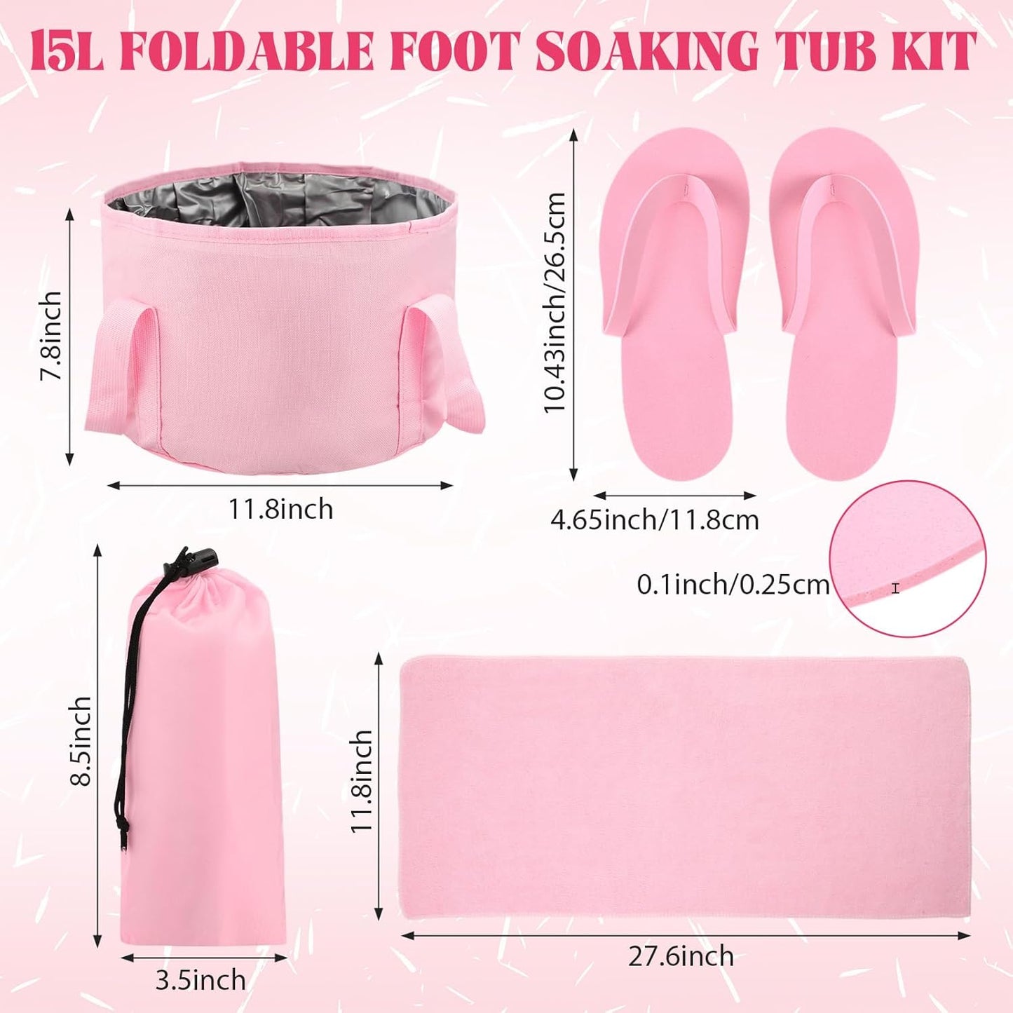 FillTouch Pink Foldable Foot Bath Kit - 15L Soaking Tub, Collapsible Towels & Slippers for Spa Parties | Portable Pedicure Set