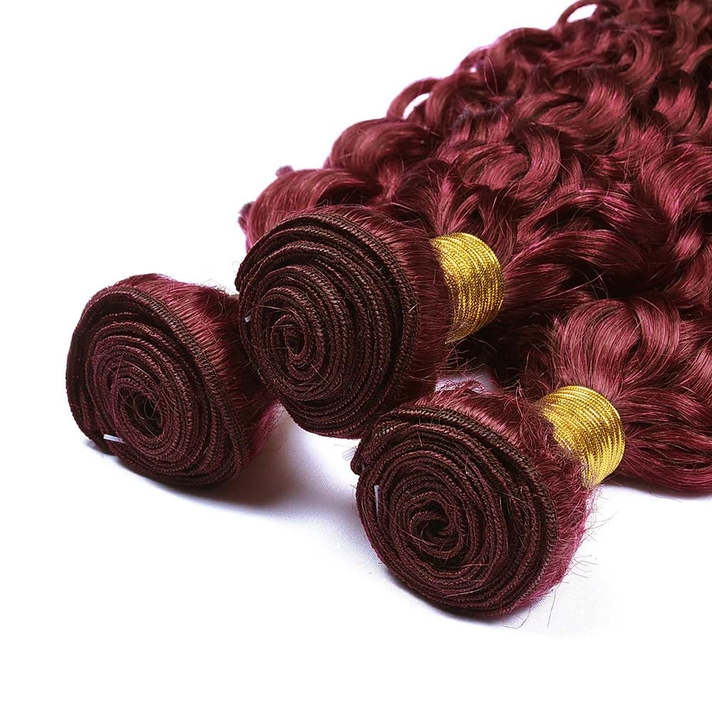 Dokksiiia Wine-Red Bundles Human Hair #99j Curly Weave Extensions 8/10/12 Inch Burgundy Color 99J Curly Wave Bundles Double Weft Brazilian Hair Extensions