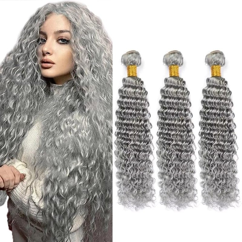 Grey Bundles Human Hair Deep Wave Bundles 24 26 28 Inch Gray Deep Wave Bundles Human Hair Extensions Double Weft Unprocessed Brazilian Virgin Hair 3 Bundles 50 Grams Per Bundle