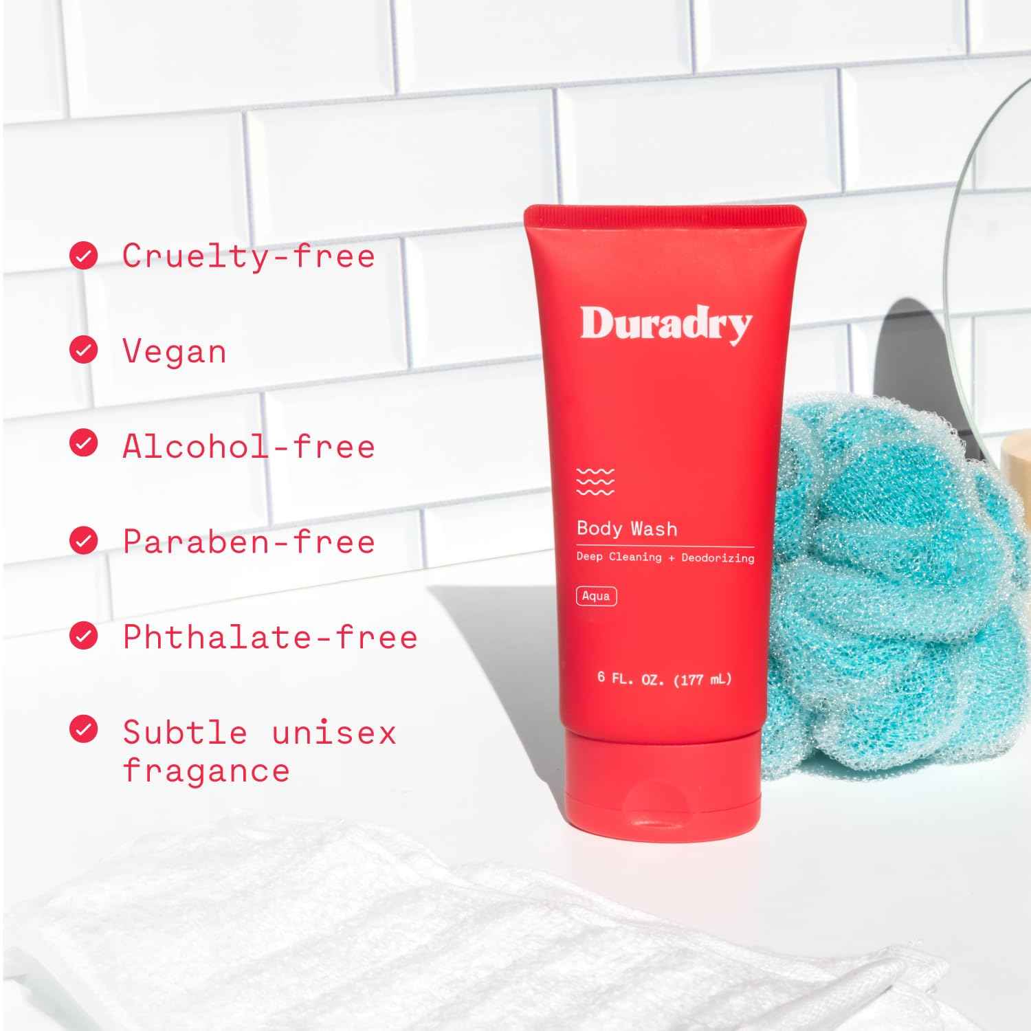 Duradry Deodorizing Body Wash for Women and Men – Odor Control, Deep Cleansing, Nourishes and Moisturizes Skin, Made with Natural Ingredients – Aqua Fragrance, Travel Size – 2.5 Fl Oz (Pack of 2)