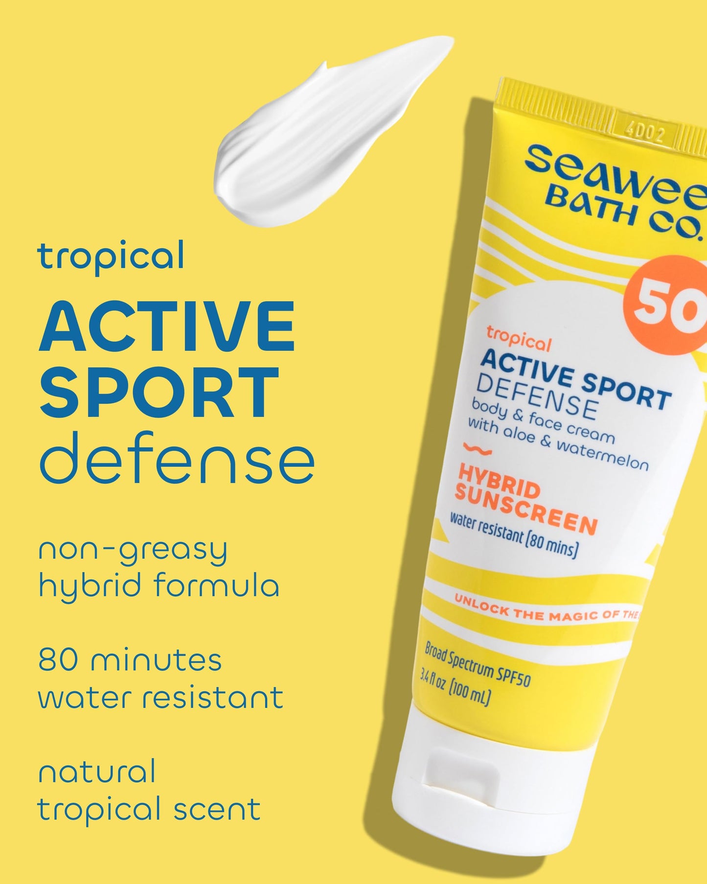 Seaweed Bath Co. Active Sport Defense Cream SPF 50 - Broad Spectrum Hybrid Sunscreen with Zinc Oxide, Aloe & Watermelon - Water Resistant Face and Body Daily Sunblock, 3.4 Ounce (Pack of 2)