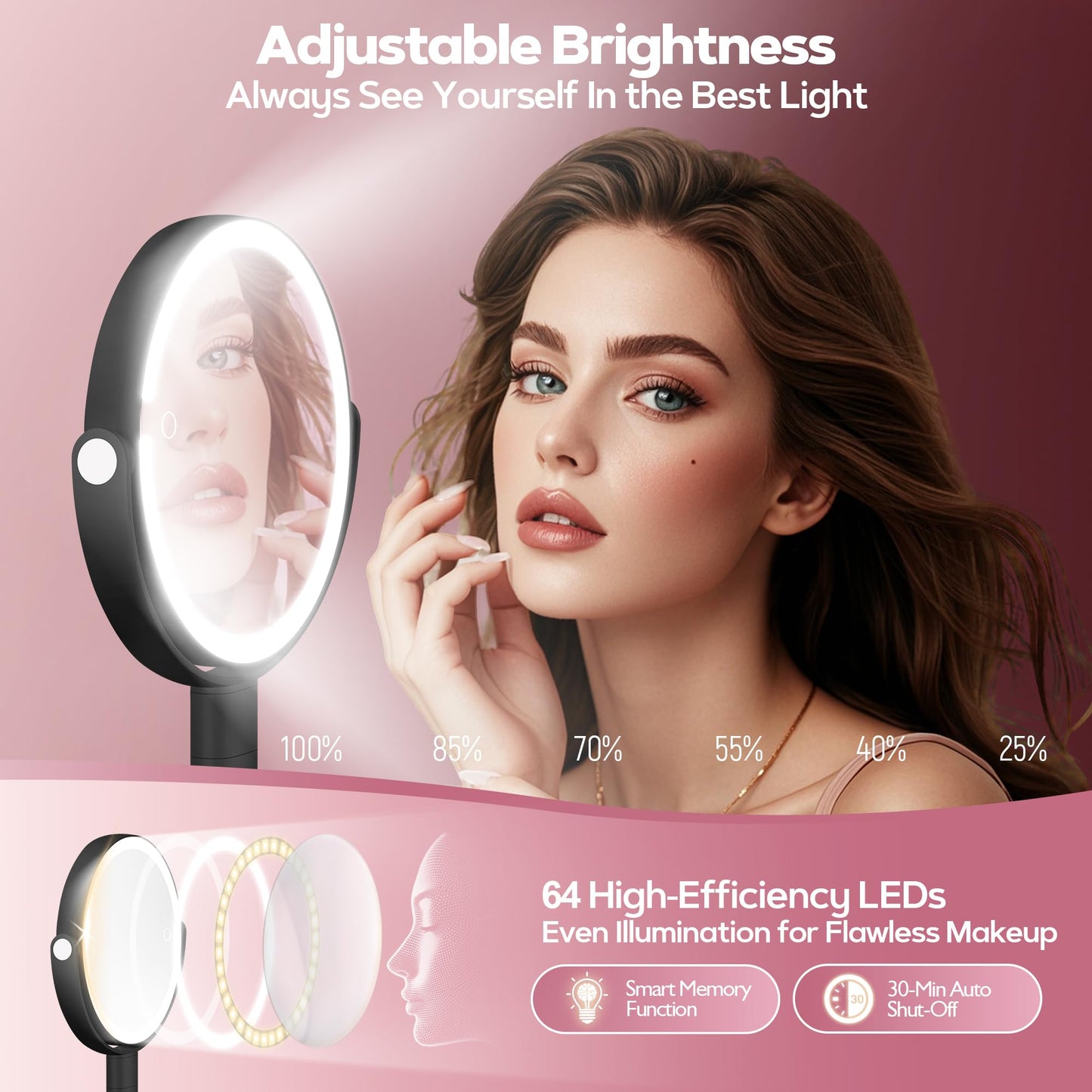 MOMOKUBA Makeup Mirror with Lights, 30X Magnifying & Height Adjustable, Lighted Magnifying Mirror with 3 Light Modes & Stepless Dimming, Vanity Mirrors for Bathroom, Birthday Gift for Women, Rosegold