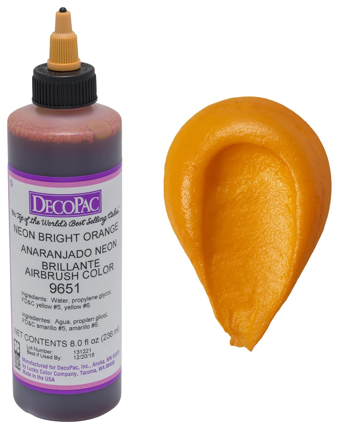 DecoPac Neon Bright Orange Airbrush Color, Orange Food Colouring, Food Safe, Orange, 8 oz