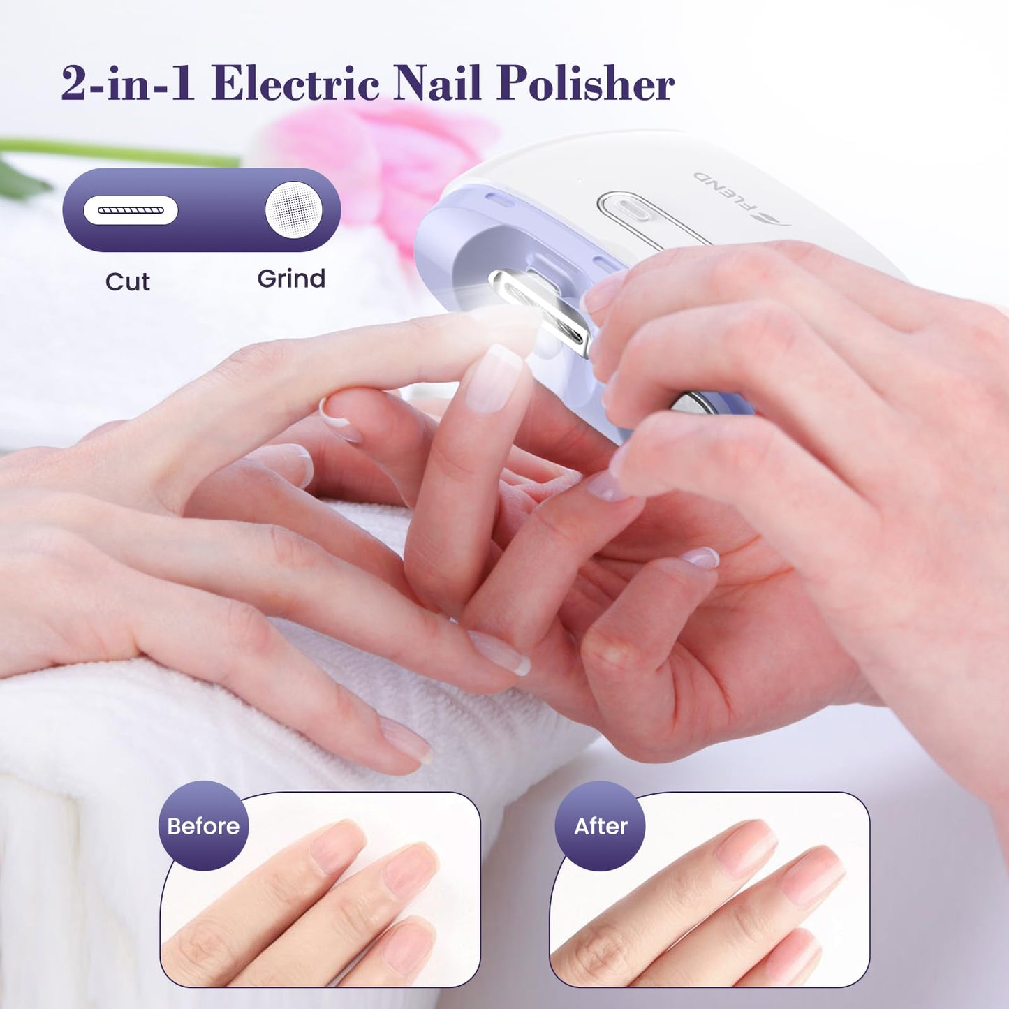 Electric 2-in-1 Nail Clipper & Polisher, 2-Speed Safe Fingernail Trimmer for All Ages, Rechargeable Automatic Nail Clipper with Light, Manicure Set for Baby Kids Seniors & Weak Hands, Purple