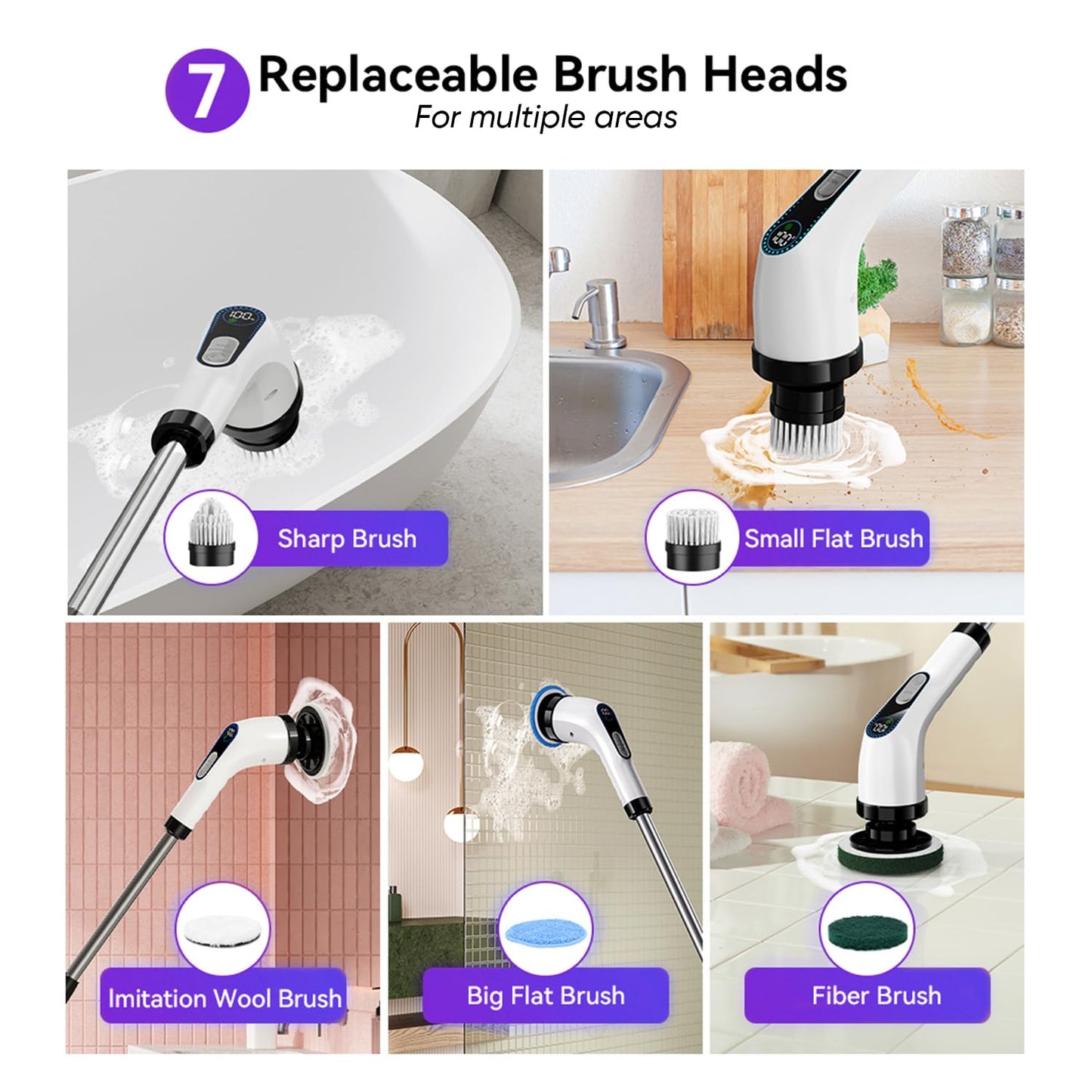 848 Store Electric Spin Scrubber Cordless – Powerful Bathroom Cleaning Brush with Long Handle, 2 Speeds, 3000mAh Rechargeable, 7 Brush Heads, Wall Hanger & Crevice Tools – Shower, Tub & Tile Cleaner