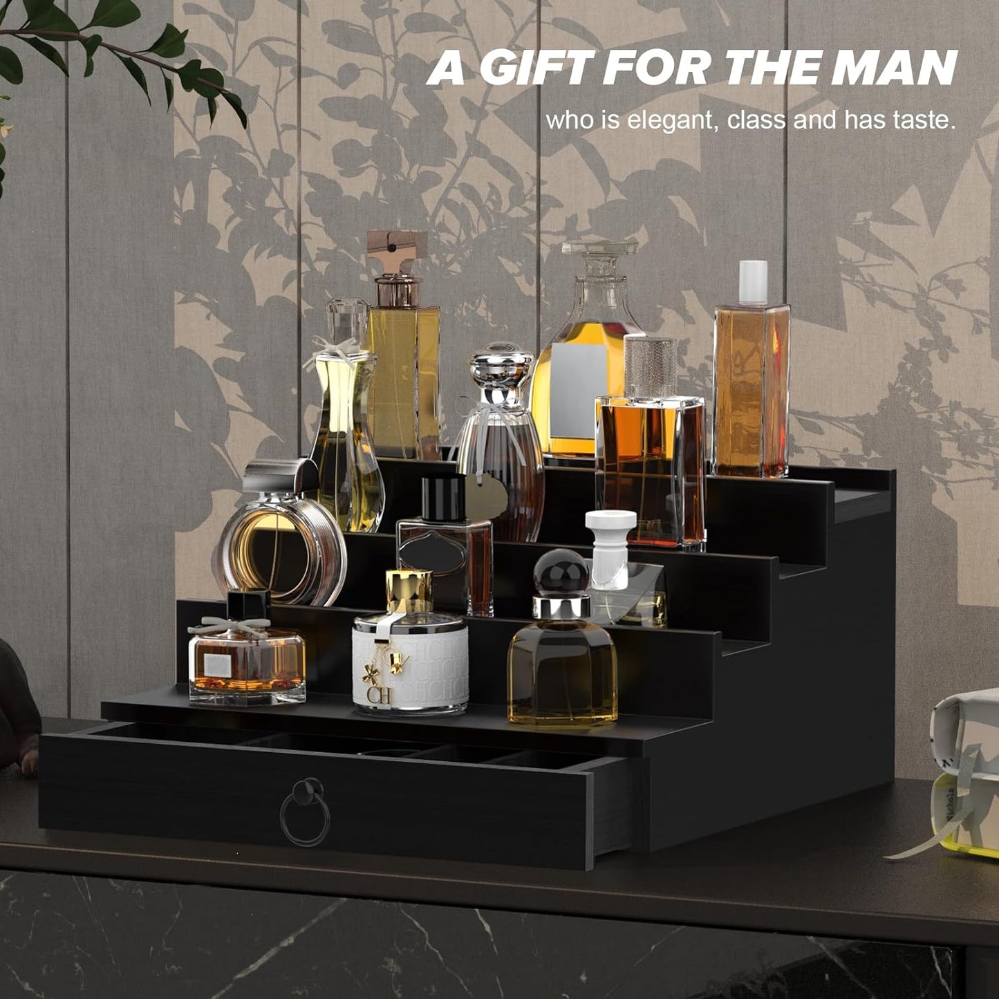 Cologne Organizer for Men - 4-Tier Black Wood Perfume Holder with Felt Lining & Hidden Compartment | Perfect Gift Idea
