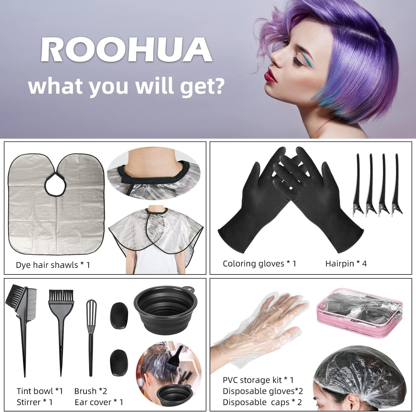 ROOHUA Hair Coloring Kit- Hair Dye Kit - Hair dye brush and bowl set,Hair agitator,Hair Clips and disposable gloves shower caps,Essential Salon Supplies for Home Use (16, Black)