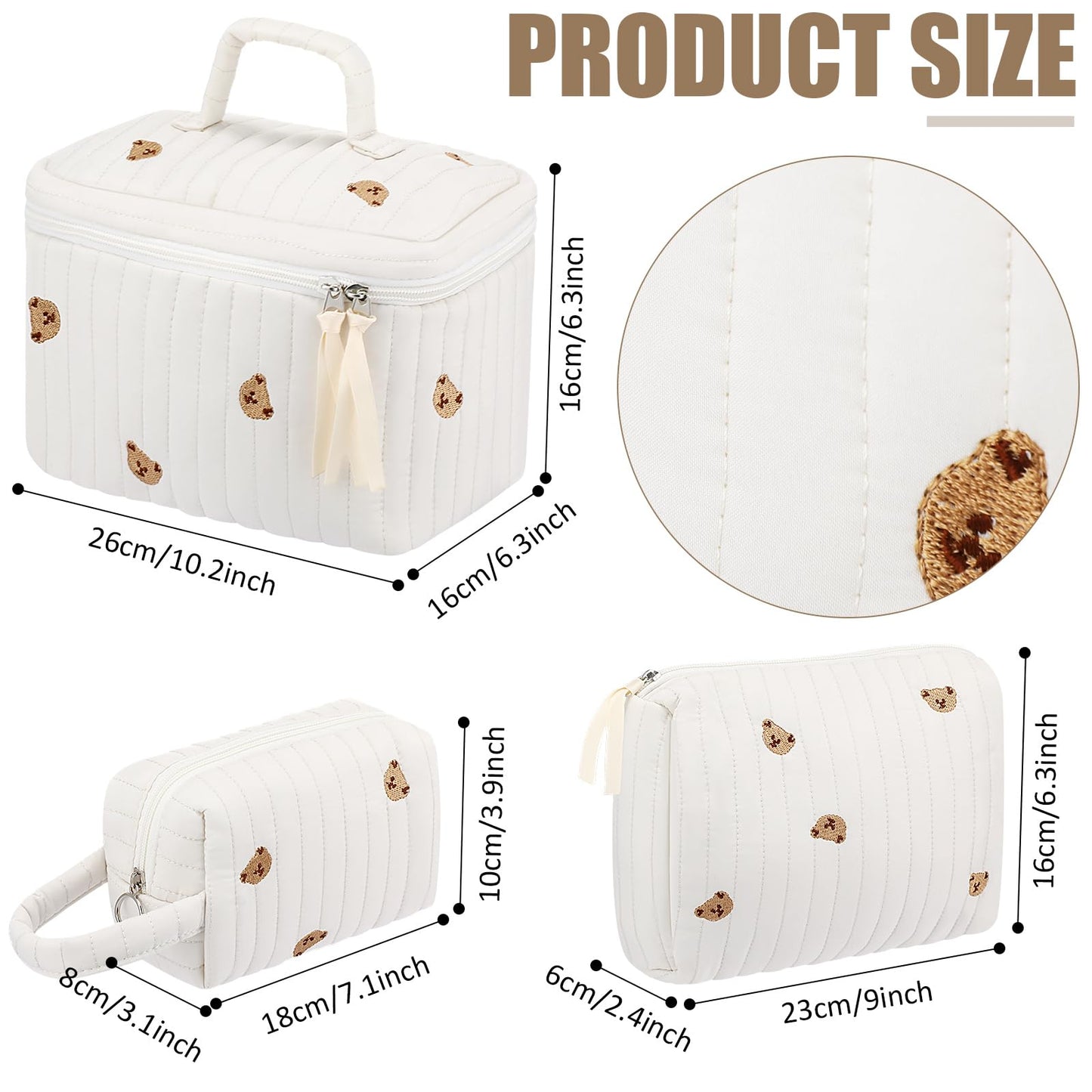 Paterr Makeup Bag Set 3 Pcs Large Quilted Cotton Make up Bags for Women Cosmetic Travel Toiletry Organizer Pouch Cute Aesthetic Storage Purse(White,Little Bear)