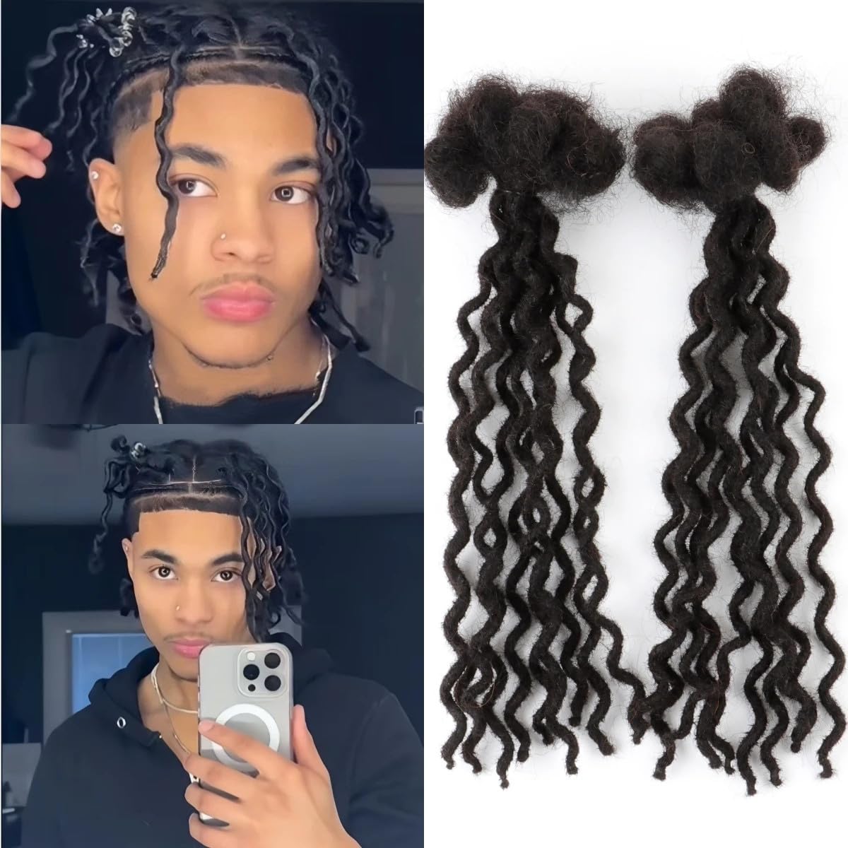 Curly Wavy Loc Extensions Human Hair 8Inch 0.6cm Width 10 Strands Dreadlock Extensions Full Handmade Permanent 100% Human Hair Can Be Dyed Bleached for Women Men Kids Natural Black