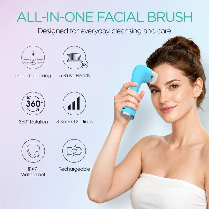 VOYOR Facial Cleansing Brush Rechargeable, Spin Face Brush Waterproof 5-in-1 Body Brush Set for Deep Skin Cleansing, Gentle Exfoliating and Massaging FB500 (White)